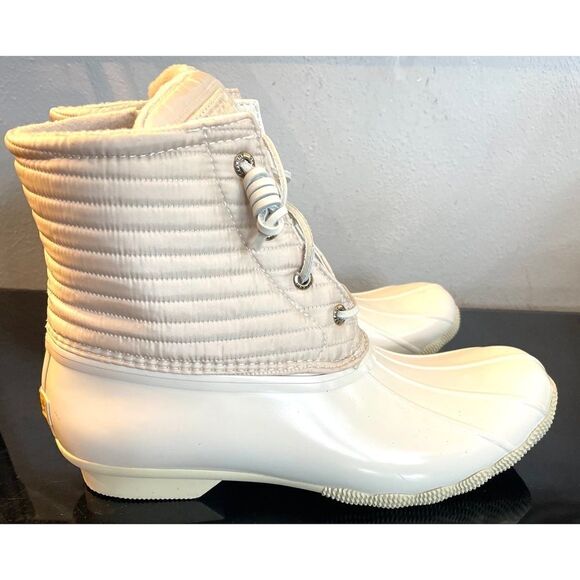 New Sperry Top Sider Saltwater  Ivory Chevron Quilted Shaft Nylon Duck Boots 10 - Picture 5 of 11